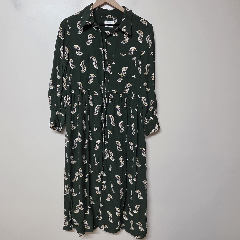 Toast Womens Dress Sz 10 Green Geometric Fan Print Viscose Button Front Midi